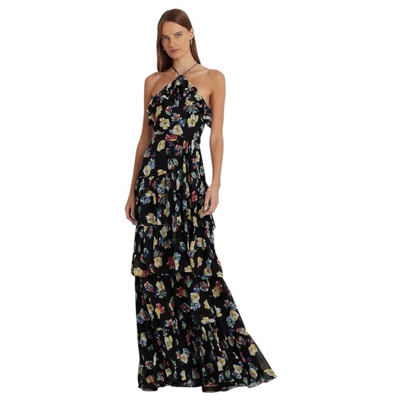 Lauren Ralph Lauren Ruffle-Trim Georgette Halter Gown Black Multi Floral XS NWT - Picture 1 of 10